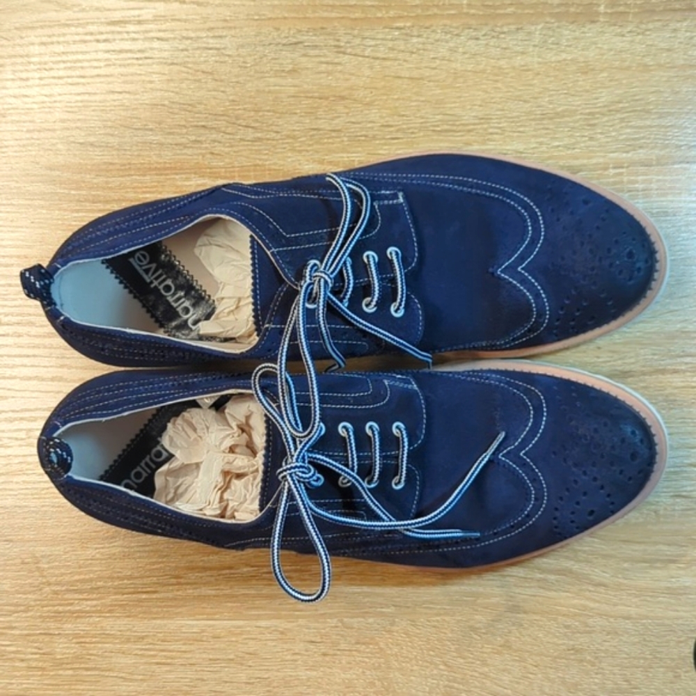 Narrative Blue Suede Shark Tooth Derby Oxford Brogue Wingtip Shoe Italy 44 11 - Picture 2 of 7